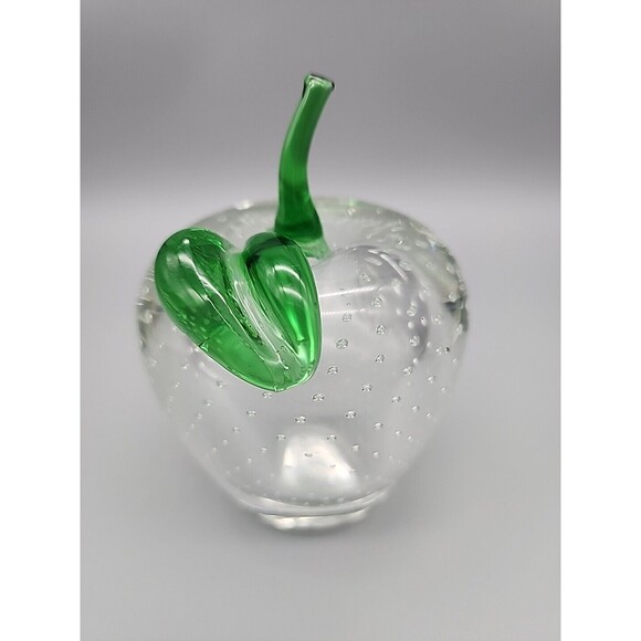 Art Glass Apple Bullicante Paperweight Clear Green Stem 4.5" Contolled Bubbles - Picture 4 of 12